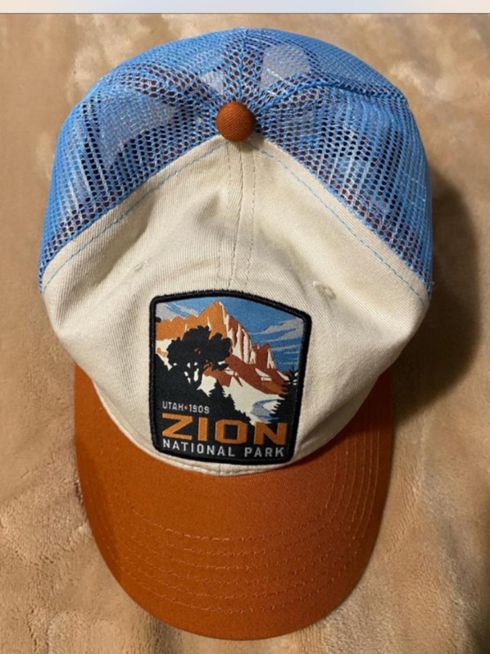 Zion National Park Trucker Hat — Blue, White & Rust